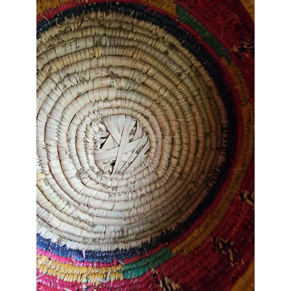 Handwoven Coiled Basket Lidded Storage Rustic Primitive Leather Polychrome 10